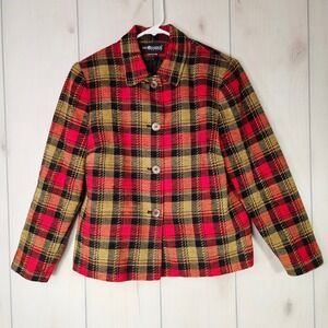 Sag Harbor Petite Women's Red Plaid Tweed Blazer Jacket Red Black L/XL Cabincore
